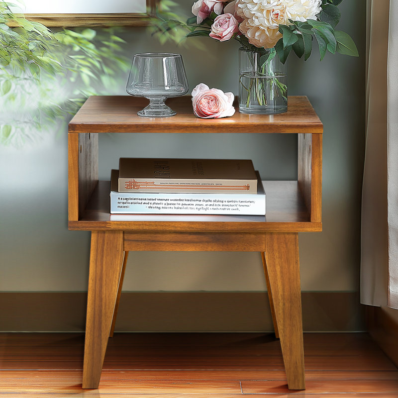 Acacia Serena Solid Wood Nightstand, Mid Century Modern Side Table Bedroom with Storage, Caramel