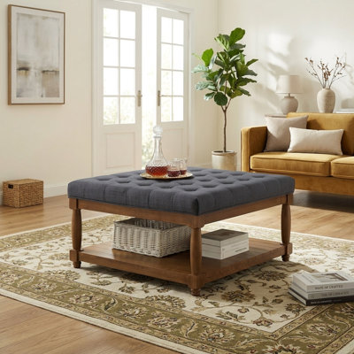 Table basse ottomane capitonnée classique FFZ 33,5 po avec étagère en bois massif, lin anthracite