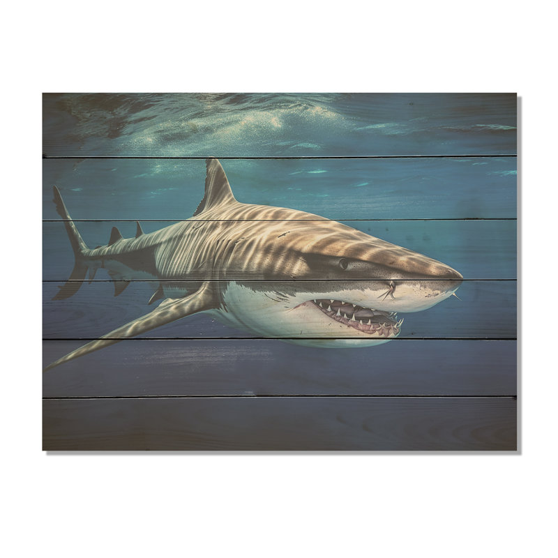 Tiger Shark Territory I - Shark Wood Art On Natural Pine Wood, 10" H x 20" W