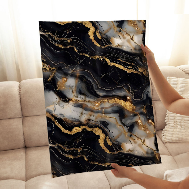 Abstrait noir et doré Geode IV, reproduction d'art moderne sans cadre, H 36 po x l 24 po