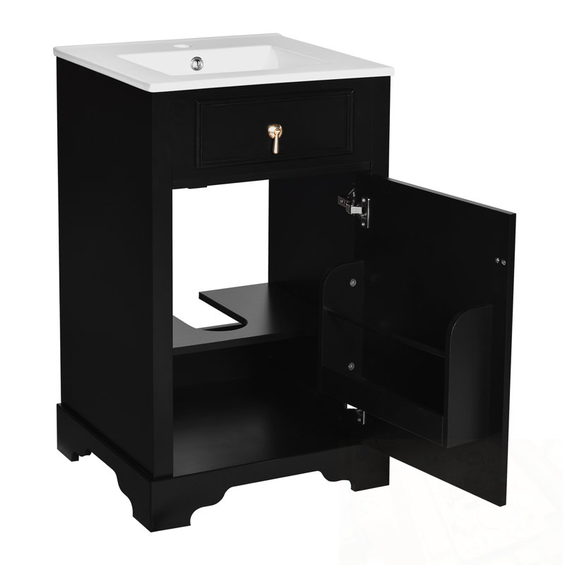 Meuble-lavabo de salle de bain avec lavabo en céramique, porte à fermeture douce et support de rangement, Noir