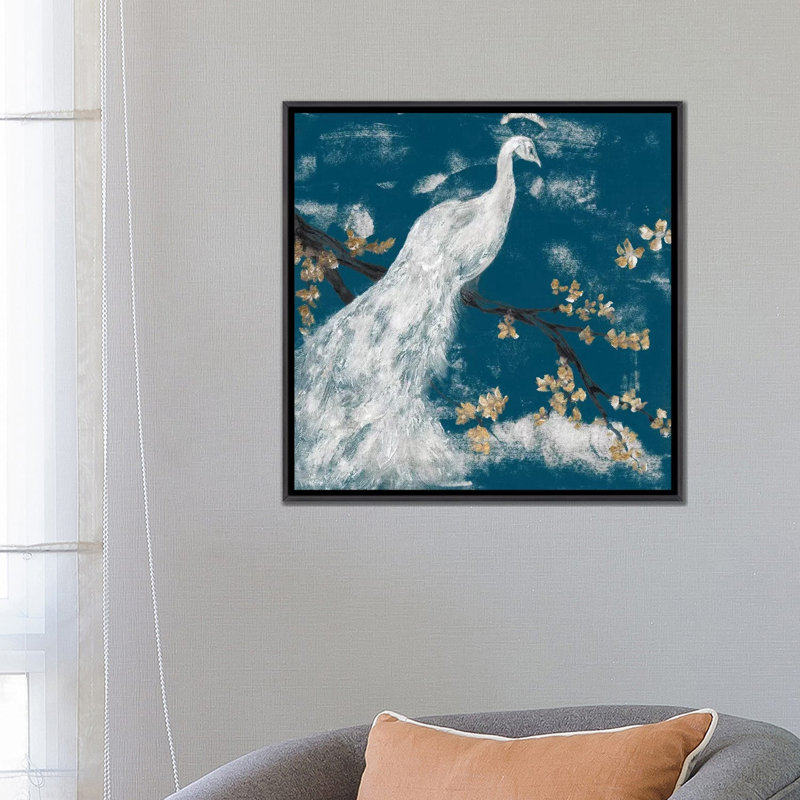 "White Peacock on Indigo I" par Jennifer Goldberger-impression, H 26 po x l 26 po x P 1,5 po, Toile avec cadre noir patiné