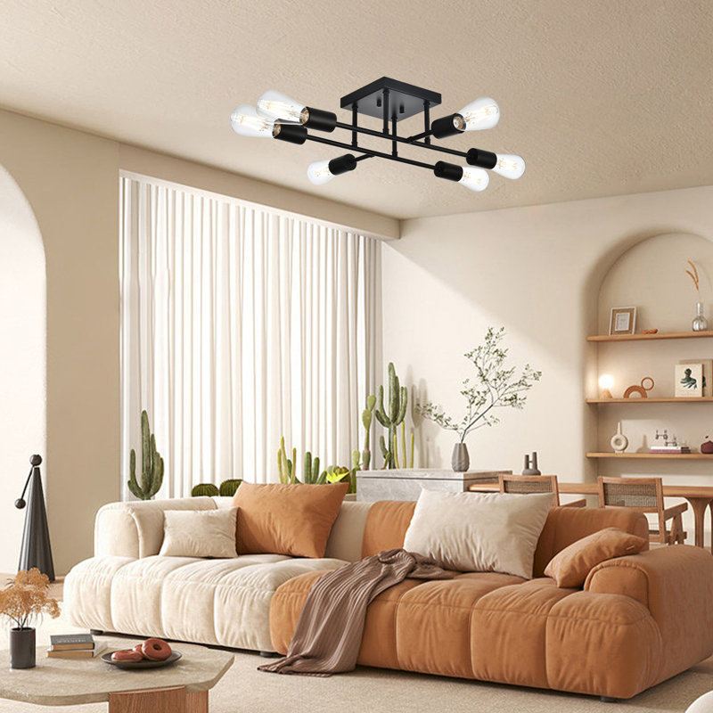 6-Light Semi Flush Mount Ceiling Light Fixture, Modern Black Sputnik Chandelier Lighting, Farmhouse E12 Stock Ceiling Lamp Kitchen Bedroom Living Room Entryway, Bulbs Not Included