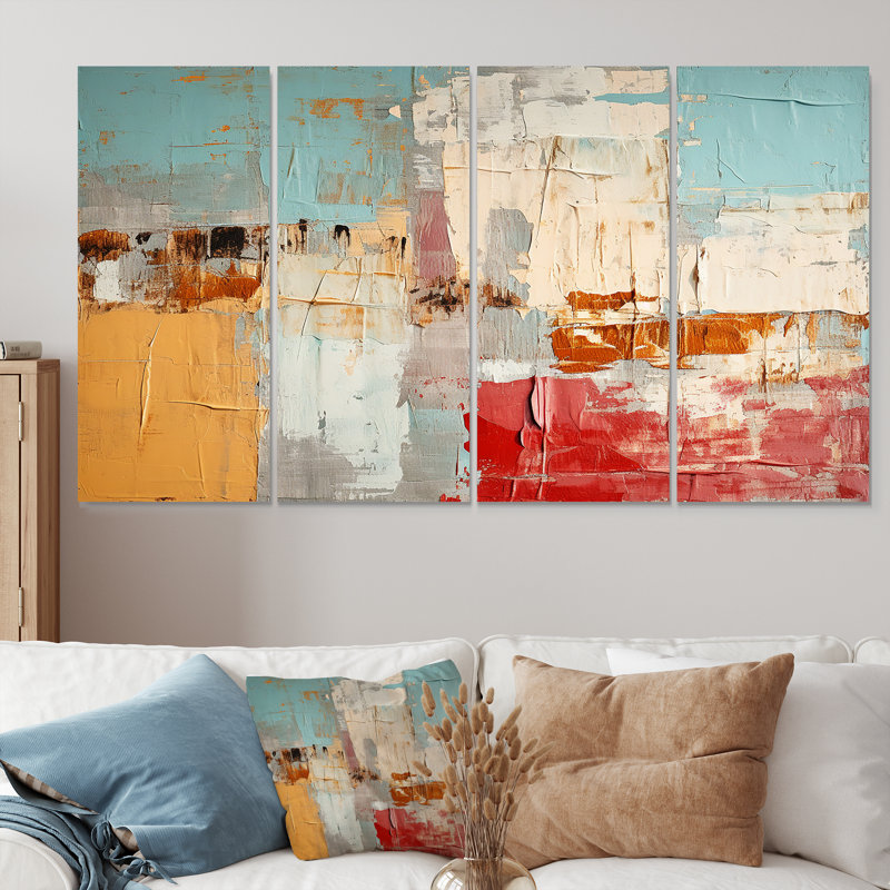 «Nostalgia In Blue Red Orange - Abstract Collages», ensemble de 4 décorations murales, H 32 po x l 64 po
