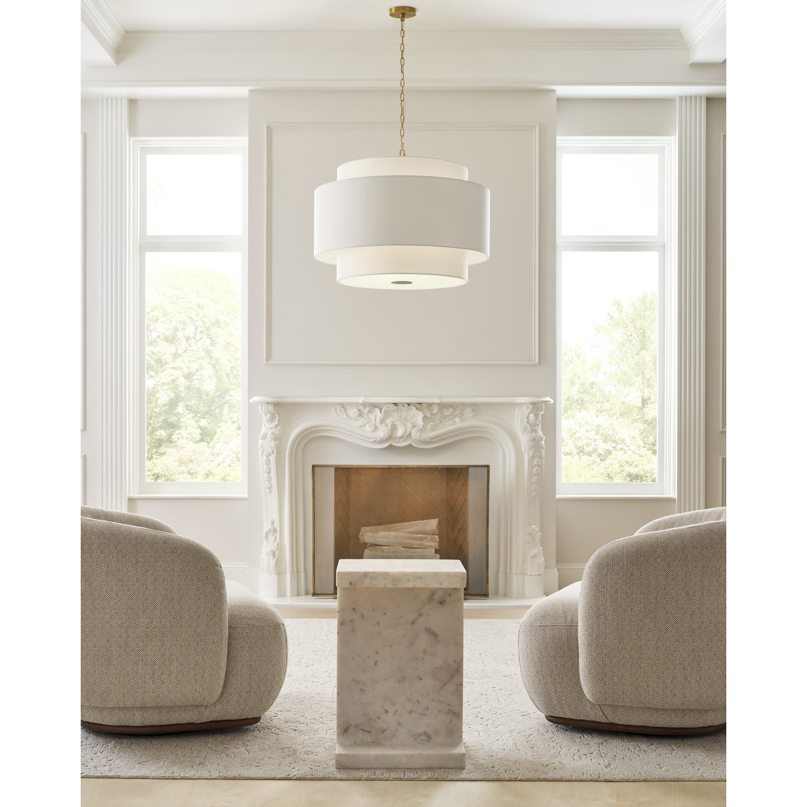 Linen Steel Dimmable Pendant, 22.75" H x 32" W x 32" D, Burnished Brass, 4