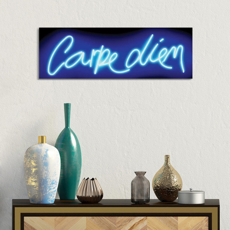 Neon Carpe Diem Blue On Black by Hailey Carr - Wrapped Canvas Gallery-Wrapped Canvas Giclée