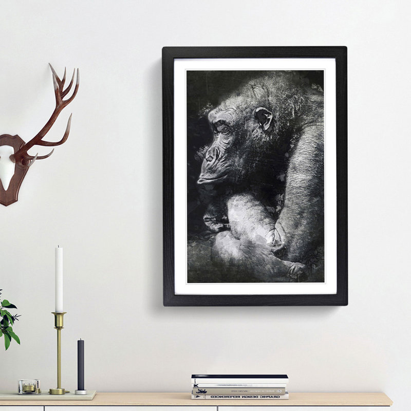 The Crouching Gorilla in Abstract - Picture Frame Graphic Art Print, 65cm H x 48cm W x 2cm D, Black Framed