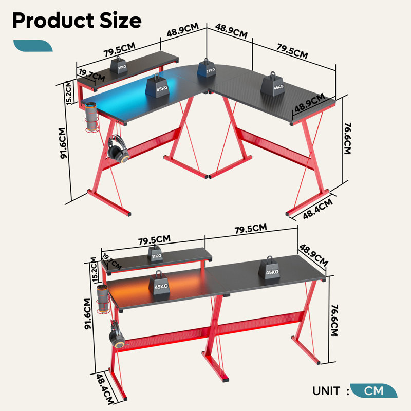 Bureau d'ordinateur de jeu en L réversible de 55 po avec support pour écran de bureau Jurgensen, Noir / rouge