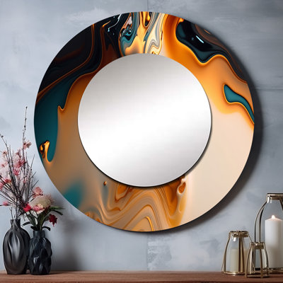 Abstractions fluides jaunes et vertes qualiek IV - encre liquide, décor de miroir mural unique, grand miroir rond jaune, impression d'art en métal