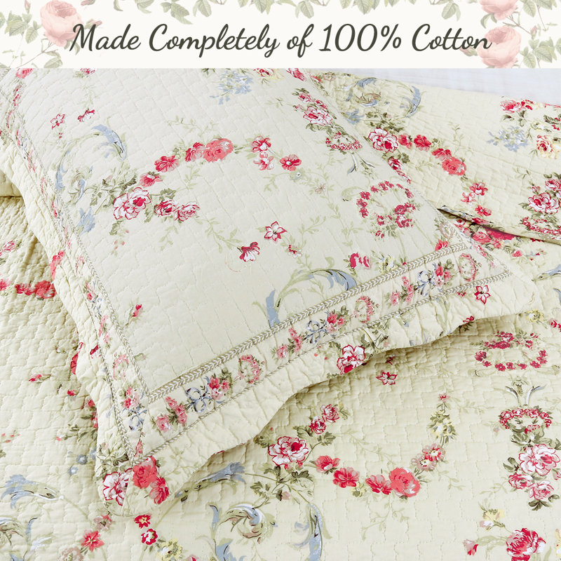 Rose Romance Traditional Cotton Floral Quilt, King Quilt + 2 King Shams