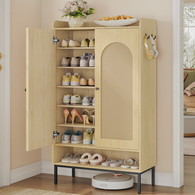 Shoe Cabinet with Doors, 7-Tier Shoe Storage Cabinet with Adjustable Shelves, Wooden Shoes Organizer Cabinets with Top Storage Layer, 24-28 Pairs, for Entryway, Hallway, Rattan, Yellow