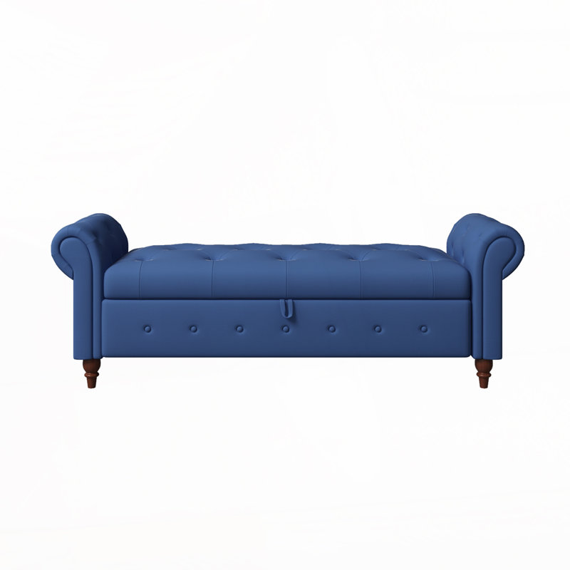 Upholstered 63" Bed Bench , Wooden Legs, Navy Blue