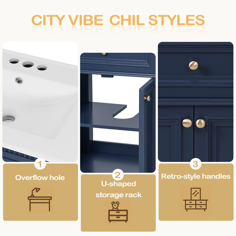 Armoire de salle de bain 24 po Vintage Elegance avec portes à fermeture douce et tablette réglable, meuble-lavabo avec lavabo en céramique