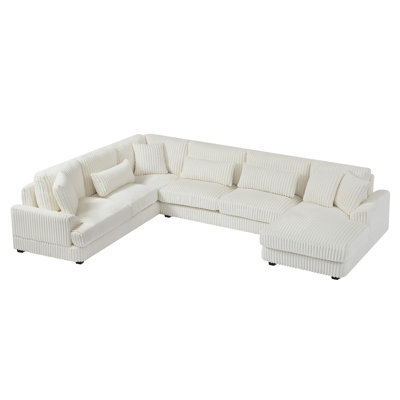 Beige Corduroy Upholstered U-Shaped With Ergonomic Design 129" In For Relaxing Moments