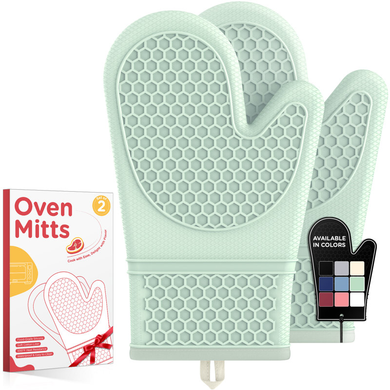 Silicone Oven Mitts, Set of 2, Heat Resistant, Oven Gloves with Soft Lining, Non-Slip Kitchen Essentials, Kitchen Gadgets, Apartment Essentials, Great Gift for Cooking, Baking, Mint Green