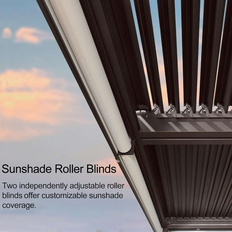 14 pi. L 11 pi. Pergola en aluminium avec abat-jour roulant, 2 côtés courts
