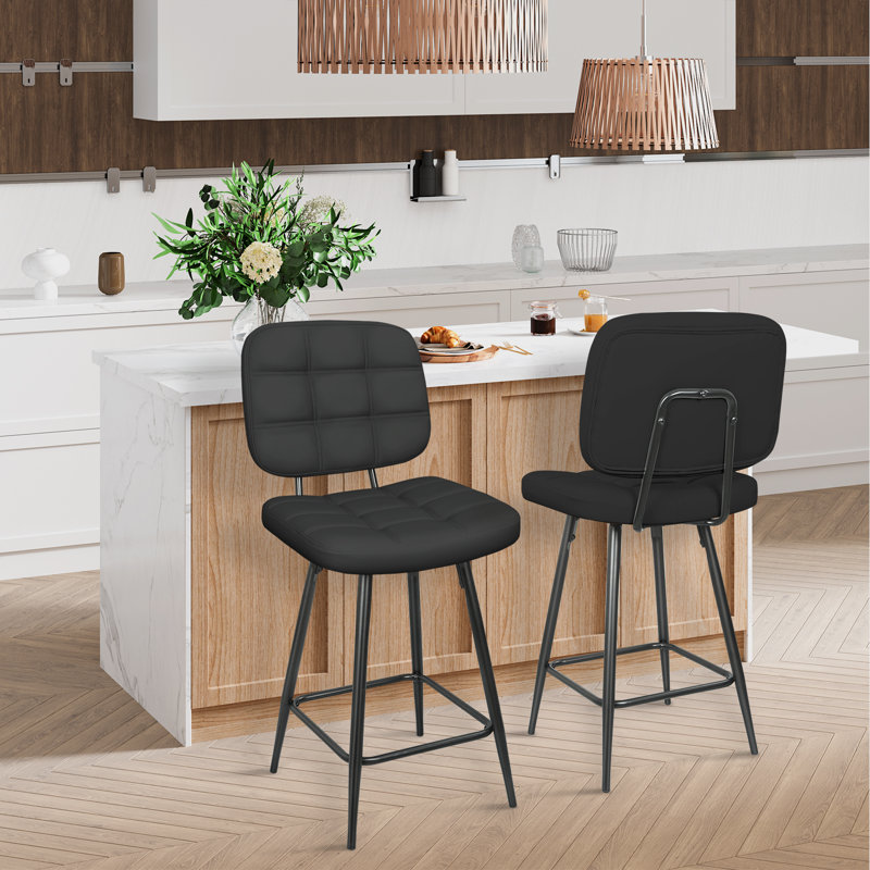 24 Inches Double Needle Metal Barstools With Back & Footrest, Black