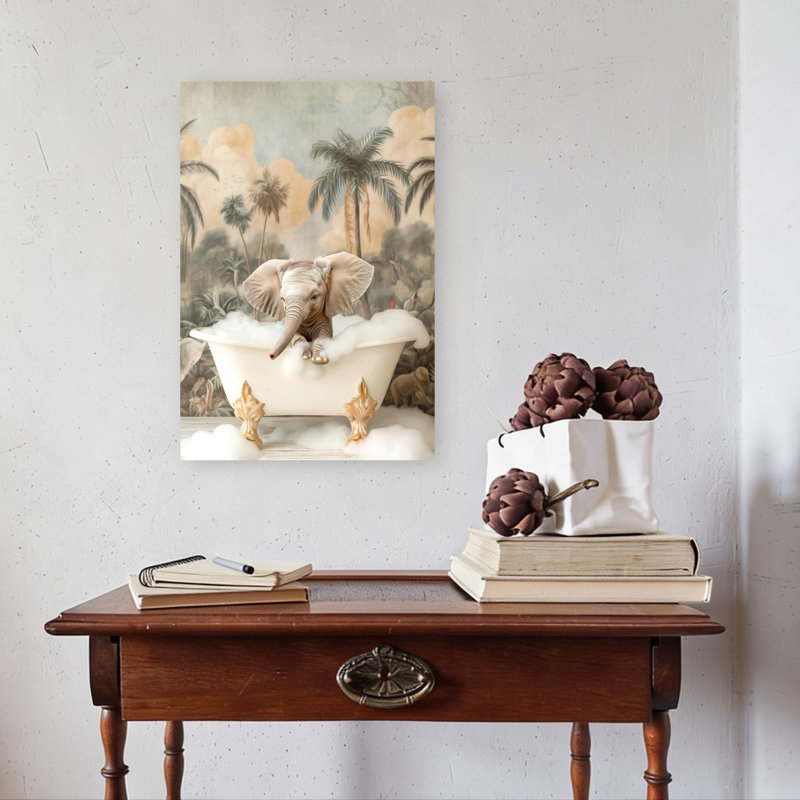 «Little Elephant Bubble Bath Playful Serene Elephant Nature Tropical», reproduction d'art mural, H 24 po x l 16 po