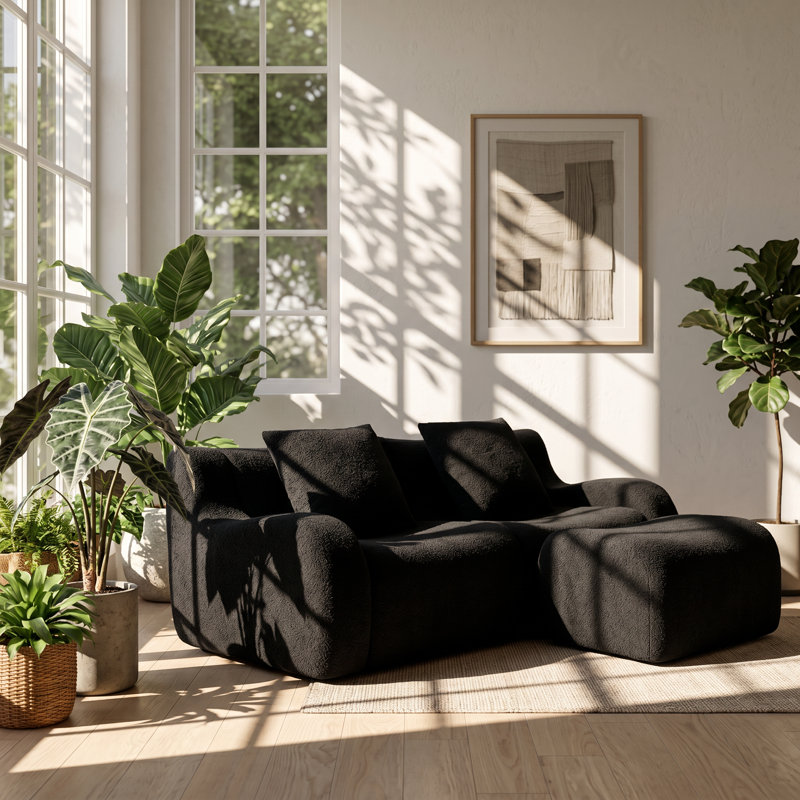 Ailuridae 82.7" W x 65.7" D x 27.9" H 2-Seat L-Shaped Teddy Fabric Modular Sectional Sofa, Black Teddy