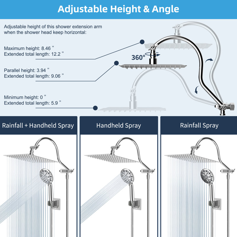 Chrome Dual Shower Head with Adjustable Height and 7-Spray Settings