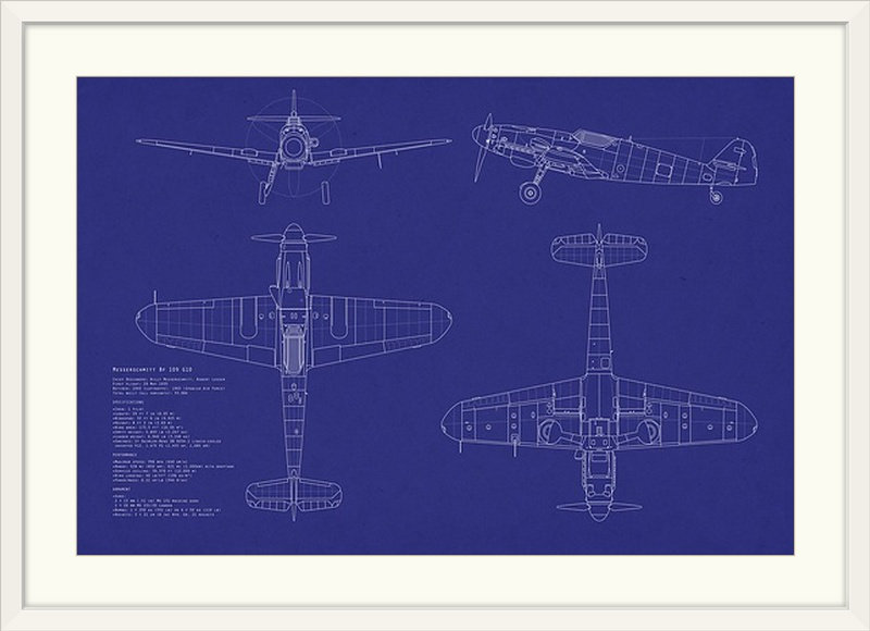 «Messerschmitt ME109 Blueprint» par Deschamps, impression, H 28 po x l 38 po x P 1 po, Cadre blanc