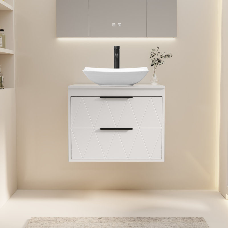 Sharee 24" Wall Mounted Single Bathroom Vanity with Ceramic Vessel Sink, Manufactured Wood Top, Faucet, Drain, White, Oval