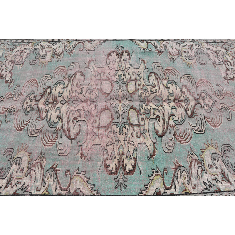 Tapis turc rétro de style bohémien à décor oriental avec motif floral complexe beige et vert