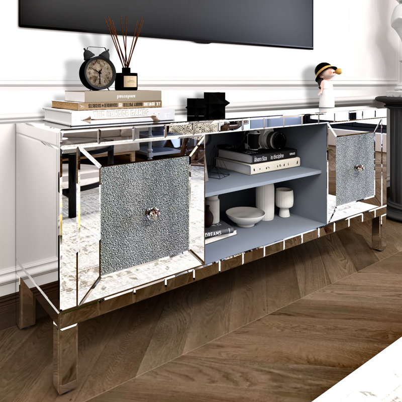 Meuble télé avec miroir pour téléviseur de 65 po ou moins, console multimédia avec tablettes réglables, décorations en cristal et rangement modulaire