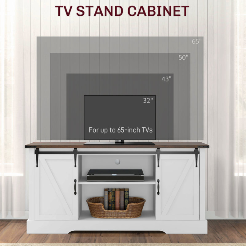 White Farmhouse Coffee Bar Cabinet with Sliding Barn Doors and Charging Station