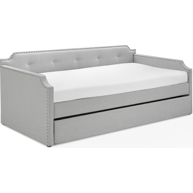 Bella Upholstered Daybed Sofa with Roll-Out Twin Trundle Bed and Nailhead Trim, Charcoal Gray, Dark Gray