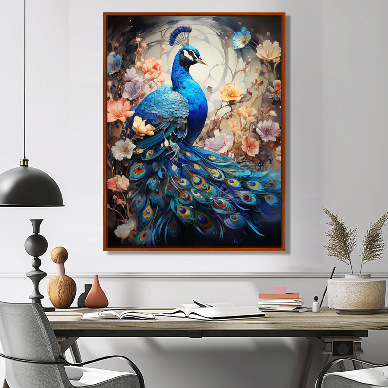 Woodsum Blue Coral Indian Art Dancing Peacock I - Art mural indien, H 20 po x l 12 po x P 1 po, Cadre flottant brun