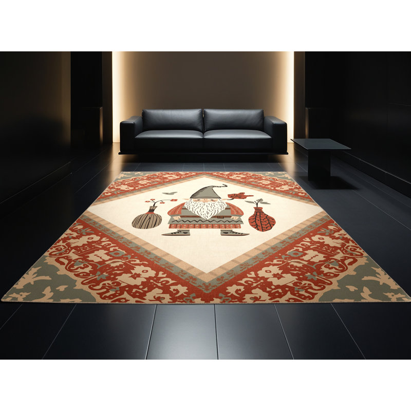 Machine Washable Ulster Domovoi Cottage Americana Block Print Rug in Beige – Beige Binding, 2x5