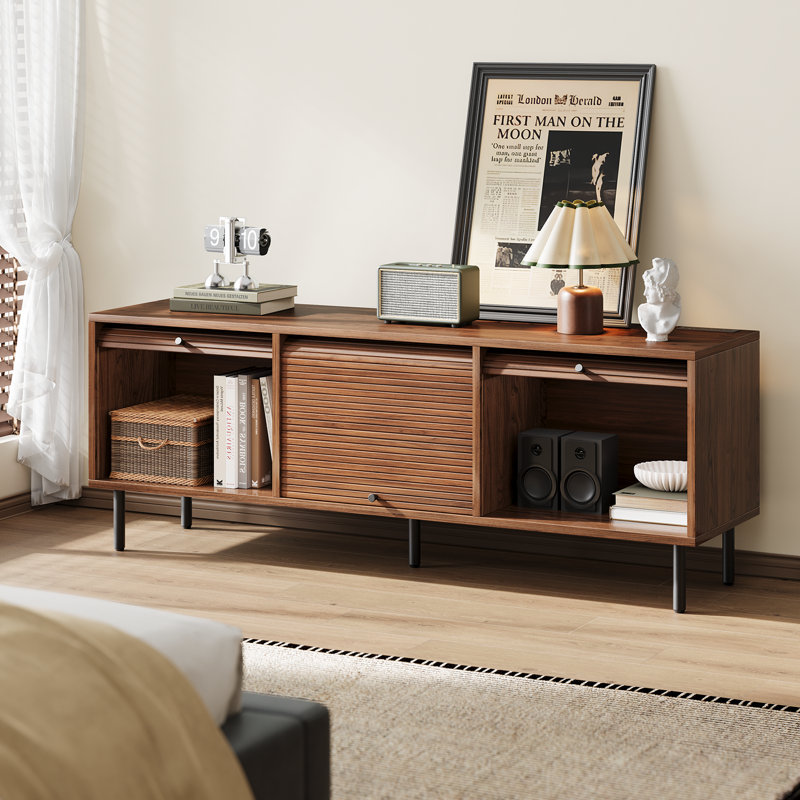 59" Mid Century TV Stand Entertainment Center with Storage Cabinet to Fit TVs, Walnut, 21.7" H x 59" W x 15.75" D