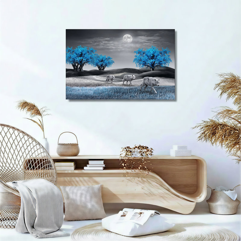 Ensemble de 1 tableau sur toile « Loups au clair de lune », H 36 po x l 48 po, Wrapped Canvas