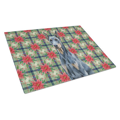 Planche à découper en verre Blue Doberman Pinscher Christmas PoinsettIas