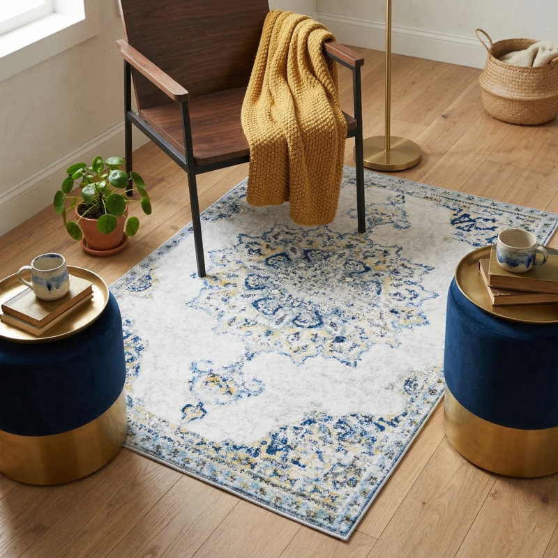 Floranne Oriental Non-Slip Machine Washable Vintage Area Rug in Blue/Yellow/Cream for Living Room, Bedroom, Hallway Runner Indoor Rugs (2'×3')