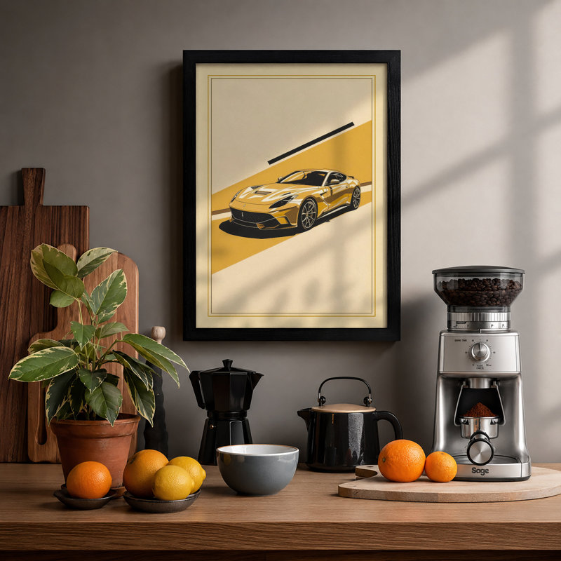 Yellow Sports Car Modern - Framed Print, A4 - 29.7 x 21.0 cm, Black