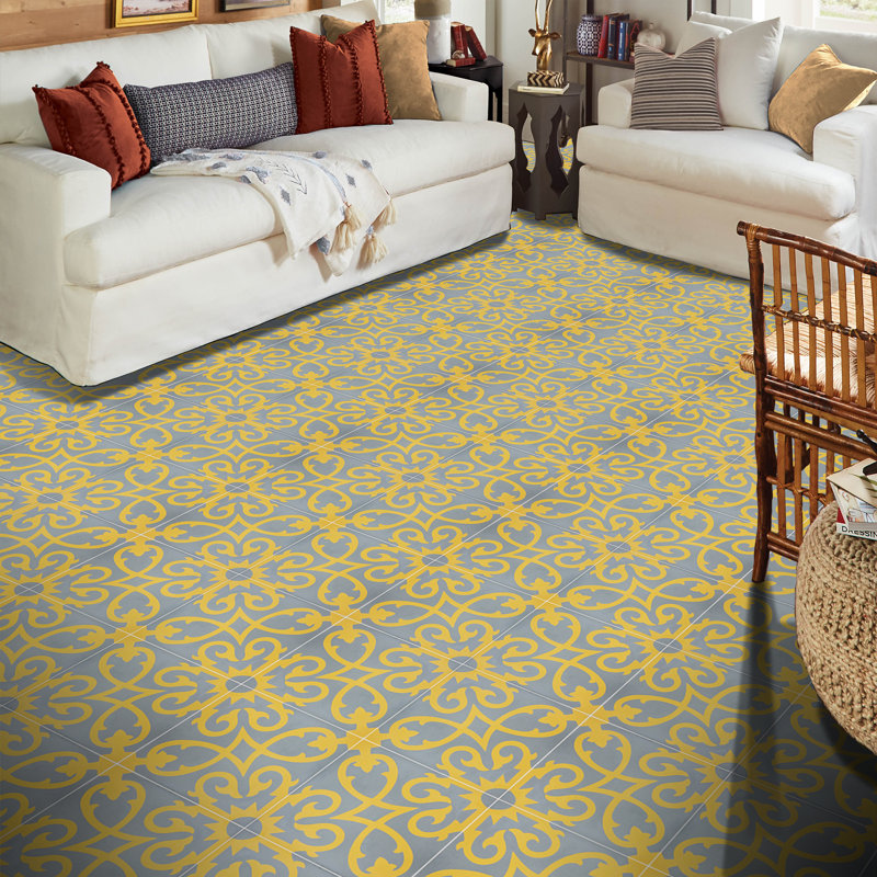 Agadir 8" x 8" Cement Patterned Wall & Floor Tile, Yellow/Blue/White