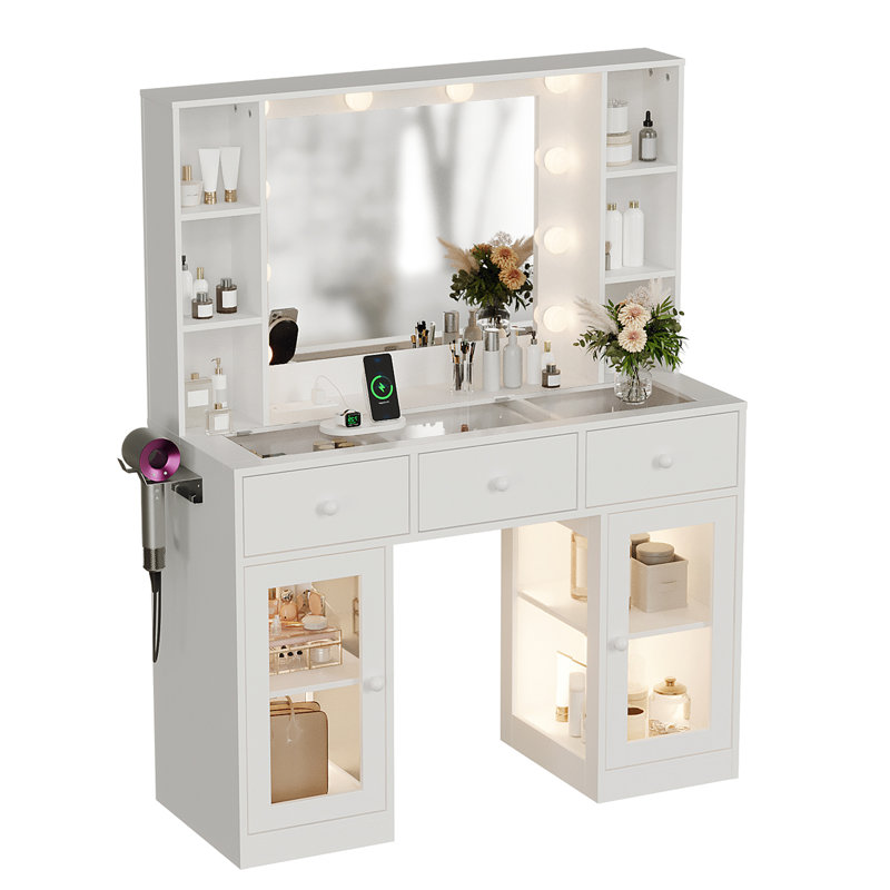 Modern Dressing Table with Glass Top - 3 Drawers, 2-Tier Shelves, Glass Doors & Hair Dryer Holder, White