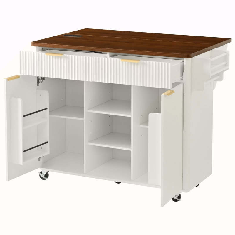 Îlot de cuisine cannelé de 52 po avec rallonge, prise de courant, chariot de rangement de cuisine avec tablettes réglables, 2 portes et 2 tiroirs, table d'îlot roulant pour la cuisine