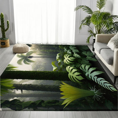 Realistic Tropical Jungle Forest Area Rug, Lush Palm Leaf Exotic Floral Landscape Pattern, Soft Durable, Machine Washable Non-Slip Floor Carpet, Stylish Indoor Home Decor for Living Room, Bedroom, Entryway, Kitchen, Apartment
