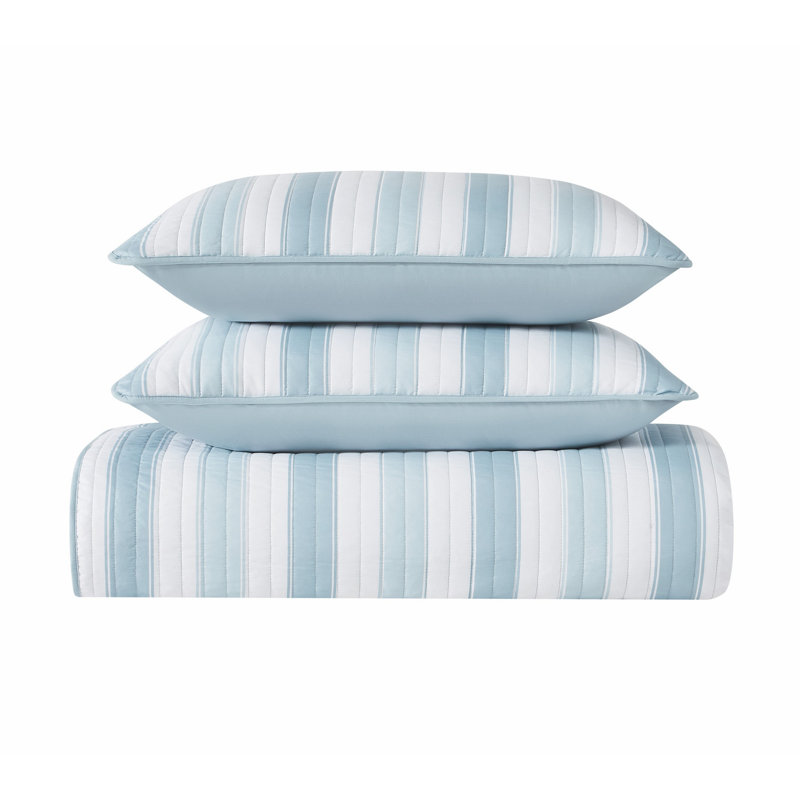 Aiden Stripe Quilt Set, White/Blue, Twin Quilt + 1 Standard Sham