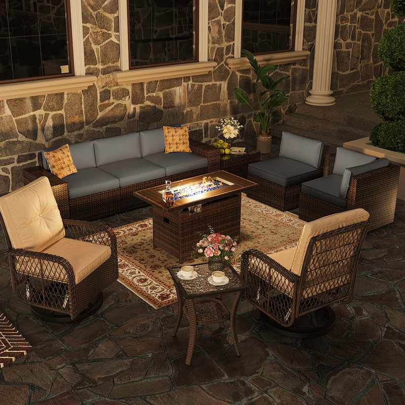  7 - Person Outdoor Seating Group with Fire Fit Table, Gray