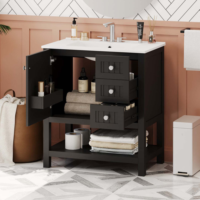 Armoire de salle de bain avec lavabo en céramique et porte à fermeture douce