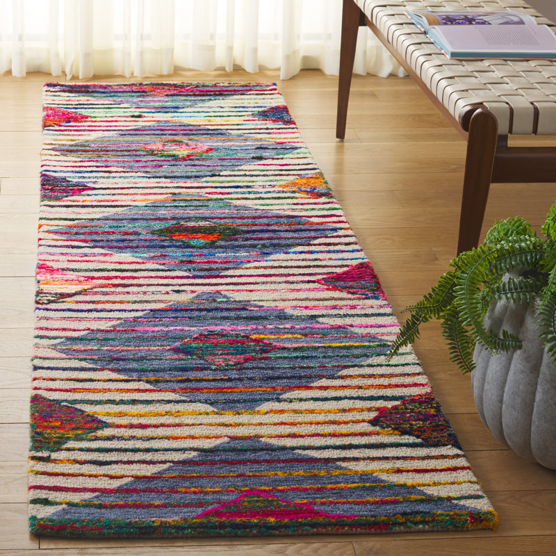 Tapis géométrique beige / bleu en laine / coton touffeté à la main Klasina, Tapis de couloir 2 pi 3 po x 8 pi