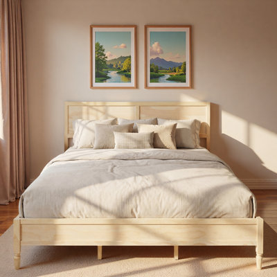 Wood Platform Bed with Classic Panel Headboard and Wooden Slats Support