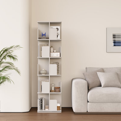 5 Tier Rotating Bookshelf, Small Corner Bookshelf For Small Space, 360 Display Floor Standing Bookcase Storage Rack, Wood Narrow Book Shelf Organizer For Bedroom, Living Room, White