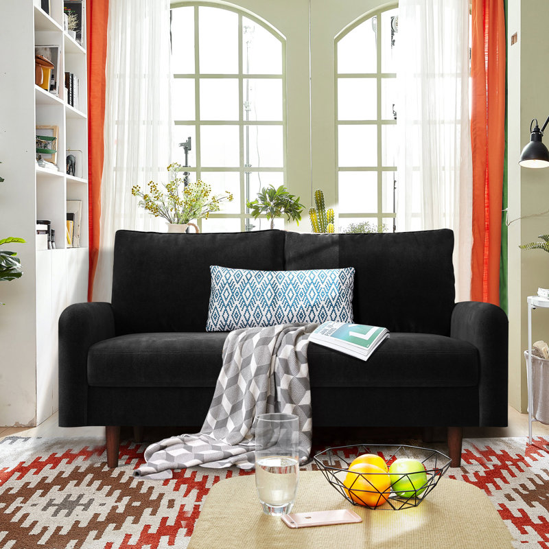 Marick Wide Velvet Round Arms Small Apartment Loveseat, Black Velvet, 33.1" H x 56.3" W x 31.1" D