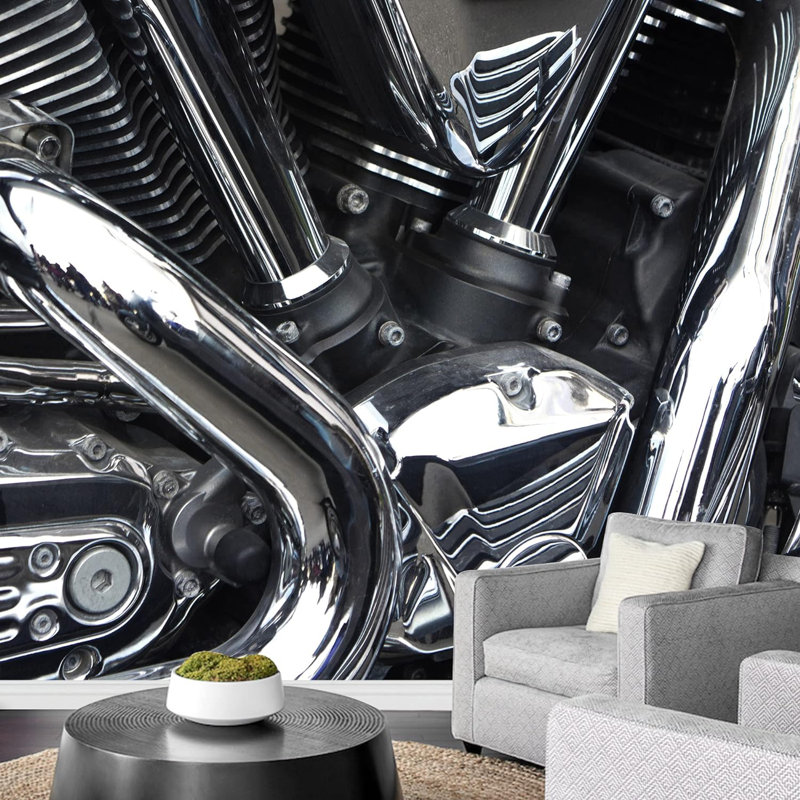 Silver Chrome Motorcycle Engine Close Up VehicleIndustrial Automobile Wallpaper Murals, 100" L x 144" W
