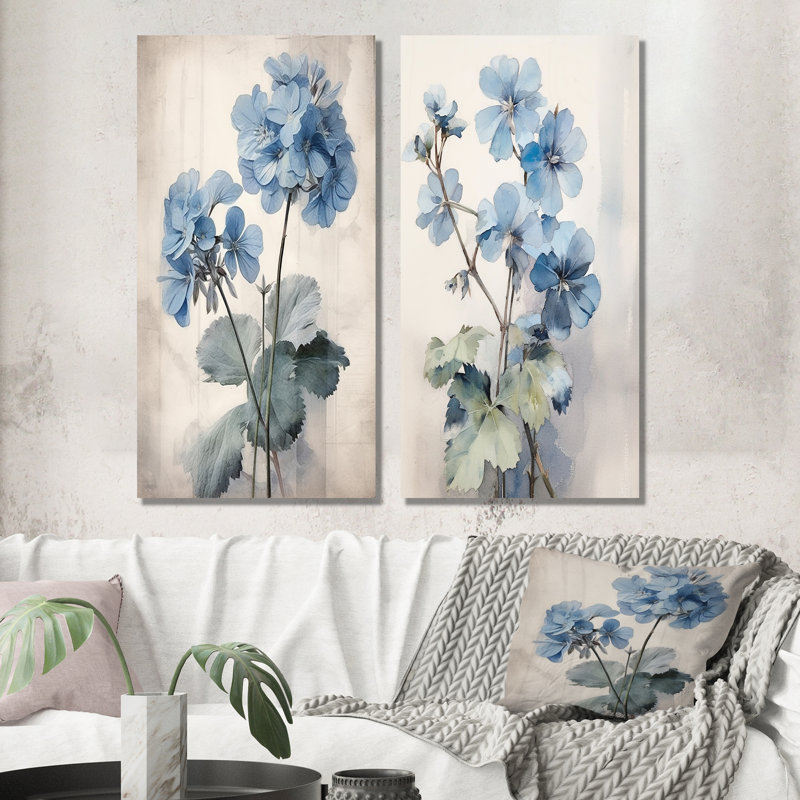 Ensemble de 2 décorations murales bleues et géraniums bleues et blanches, H 28 po x l 25 po, Toile tendue